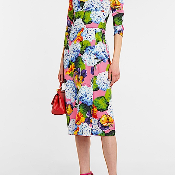 Hydrangea Print Long Sleeve Cady Midi Dress DOLCE&GABBANA - Picture 13 of 15